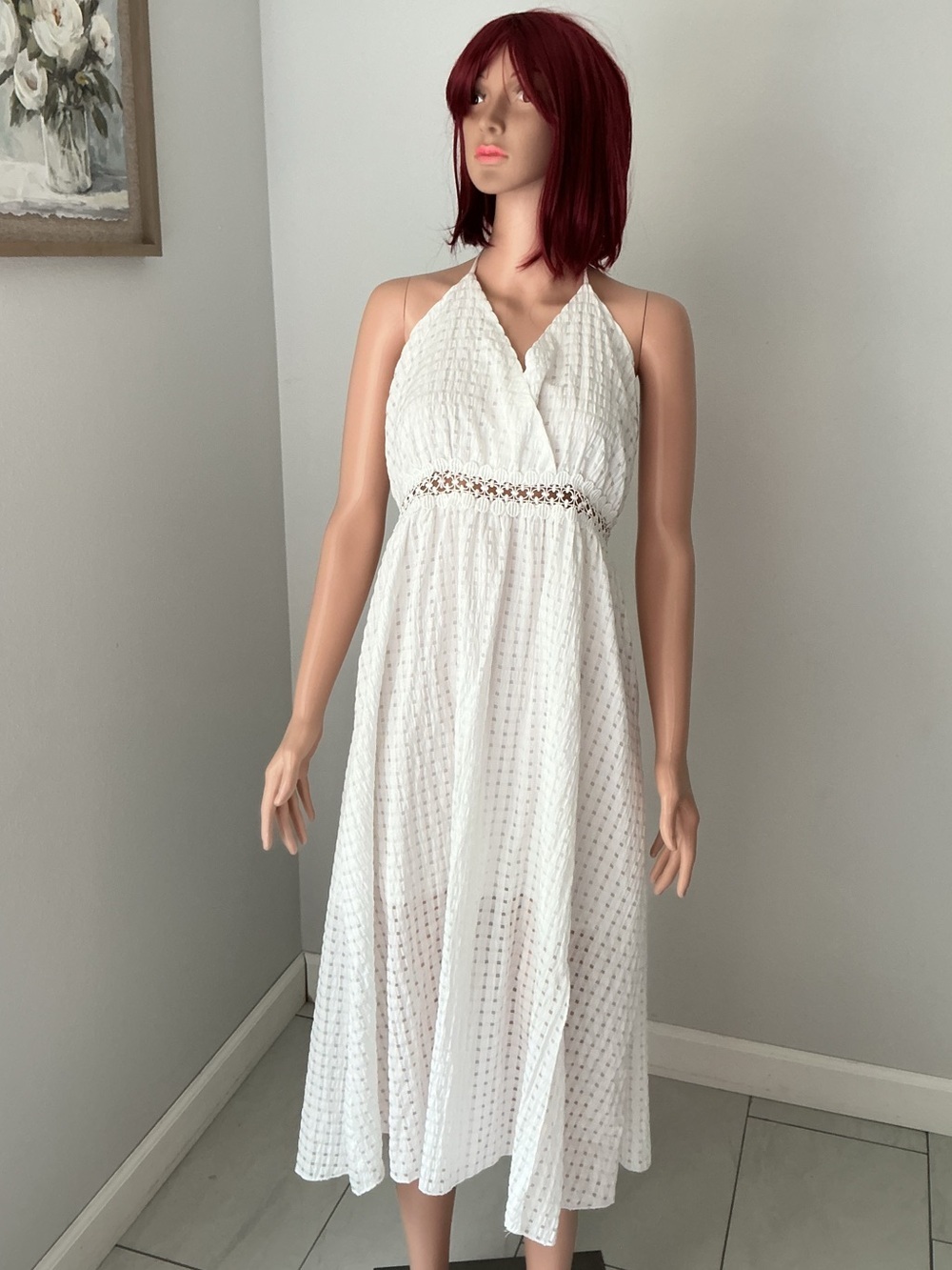 White Halter Eyelet Midi Dress with Waist Crochet Detail